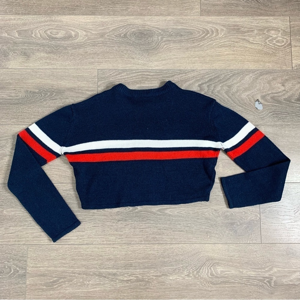 Bluenotes Women's Sweater Top Knit Crop Stripe Long sleeve Crewneck Navy Blue - Picture 9 of 11